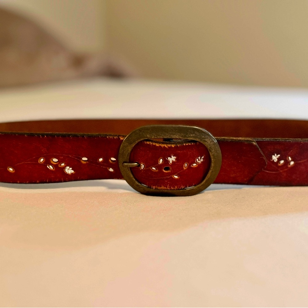Vintage Red Leather Belt with Floral Pattern